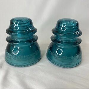 Lot Of 2 Vintage Insulator Teal Aqua Blue Glass Hemingray 42 Paperweights Decor